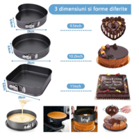 Set 3 Tavi pentru Copt, Forme Inima/Rotunda/Patrata si Baza Detasabila, 24 cm/26 cm/28 cm, Negru, Neo™