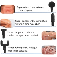 Aparat de Masaj Profesional, cu 4 capete interschimbabile si 6 trepte de intensitate, Neo™ Professional Gun®, pentru dureri musculare, reumatice, anticelulitic, Gri