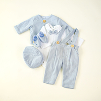 Costum botez băiețel LIAM, din muselină bleu natural, 5 piese