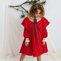 Red long sleeved muslin dress for little girls, model TAISIA