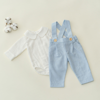 Costumaș de botez „Dar de la Dumnezeu” din in baby blue și muselină