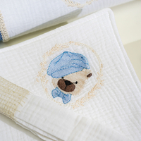 Trusou pentru botez, din muselină alba, cu broderie „Teddy Dreams” Baby blue