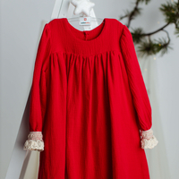 Red long sleeved muslin dress for little girls, model TAISIA
