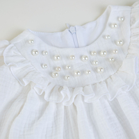Rochiță de botez alba din muselină cu perle - model IVORY PEARLS