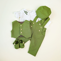 Costum de botez băiețel din in și muselină brodată - Set „Frunză de Măslin”