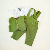 Costum de botez băiețel din in și muselină brodată - Set „Frunză de Măslin”