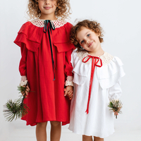 Red long sleeved muslin dress for little girls, model TAISIA