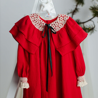 Red long sleeved muslin dress for little girls, model TAISIA