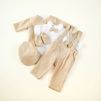 Costum botez băiețel LIAM, din muselină bej natural, 5 piese