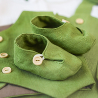 Costum de botez băiețel din in și muselină brodată - Set „Frunză de Măslin”