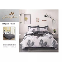 Lenjerie pat, Pucioasa, 4 piese, cearceaf simplu, Fineţ, gri şi alb, model cu pene, 200x230