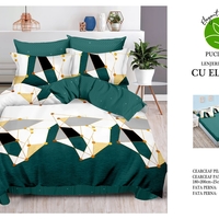 Lenjerie pat dublu, 2 persoane, cearceaf cu elastic, fineţ, 6 piese, alb-verde