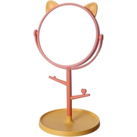 Oglina Cosmetica cu Picior, Flippy, HD, Rotire 360 Grade, 15 cm Diametru, Suport Bijuterii Baza Rotunda + 2 Brate, Model cu Urechi, 31 x 14.5 x 15 cm, din Plastic, Portocaliu/Galben