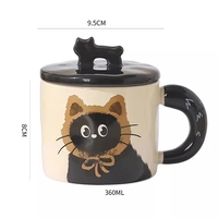 Cana din Ceramica, Flippy, Model in Cutie pentru Cadou, Cana pentru Ceai, Cafea, Cana Retro Design Capac cu Figurina 3D, 9.5 x 8 x 8 cm, 360 ml, Bej, Print Pisica Maro Negru