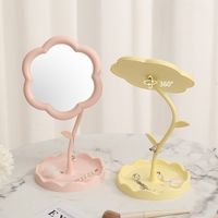 Oglindă de Machiaj pentru Birou, Flippy, Rotativă, Detasabilă, Model de Floarea Soarelui, Suport pentru Inele, cu Depozitare, Galbena