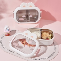 Cutie pentru Pranz sau Gustari, Flippy, cu Doua Compartimente, Model Iepuras, pentru Copii si Adulti, Etansare, PP, Perfect pentru Scoala si Birou, 1000 mL, 22x17.8x8 cm, Alb