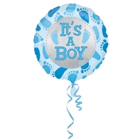 Balon din Folie Metalizata, Flippy, Figurina Rotunda, Model It's a Boy, Tema Gender Reveal, 45 cm, Ambalaj Individual, Pai Inclus, Umflare cu Aer sau Heliu, Albastru