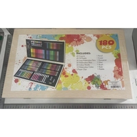 Set 180 Piese pentru Desen si Pictura, Flippy, Tip Servieta din Lemn, Model Natur, 46 x 30.9 x 4.1 cm, Multicolor