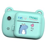 Camera Instantanee pentru Copii, Flippy, Camera Frontala + Selfie, cu Functie de Printare, Cablu USB-C, Bluetooth, Compatibil iOS/Android, Imprimare APP, Model Dino Love, Albastru