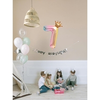 Balon din Folie Metalizata, Flippy, Figurina Cifra Gradient, Tema Aniversare 80 cm, Ambalaj Individual, Pai inclus, Umflare cu Aer sau Heliu, Coronita, Cifra 7