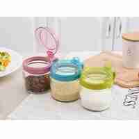 Recipient Condimente, Flippy, din Stilca, 180 ml, cu Maner si Lingurita, 8 x 9 cm, Capac Transparent, Albastru
