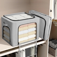 Cutie de Depozitare, Flippy, cu 3 Ferestre cu Fermoar Bidirectional, Cadru din Otel, Impermeabil, 38L, 42 x 30 x 30 cm, Gri