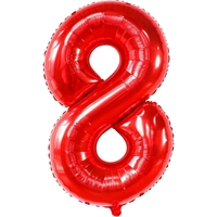 Balon din Folie Metalizata Flippy, Figurina Cifra, Tema Aniversare 100 cm, Ambalaj Individual, Pai inclus, Umflare cu Aer sau Heliu, Rosu, Cifra 8