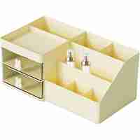 Cutie de Depozitare pentru Birou, Flippy, Pentru Makeup, Papetarie, Organizator Cosmetice, 2 Sertare si Compartimente Multiple, Model Iepuras, Plastic, 27.5x15.5x12 cm, Crem