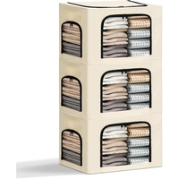 Cutie de Depozitare, Flippy, cu 3 Ferestre cu Fermoar Bidirectional, Cadru din Otel, Impermeabil, 38L, 42 x 30 x 30 cm, Bej