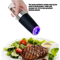 Set de 2 Rasnite electrice de Sare si Piper, Flippy, cu Camere Depozitare Transparente, Macinare, Functionare pe Baterii, cu Lumina, ABS, 20x6.5 cm, Negru/Transparent