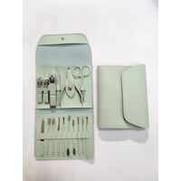 Set 16 Piese de Ingrijire Cosmetica, Flippy, pentru Manichiura, Pedichiura, Fata, Geanta Organizatoare din Piele Ecologica Inclusa, Verde