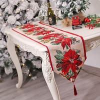 Traversa de Masa pentru Craciun, Flippy, Napron, din Material Tricotat cu Tesatura Groasa, Model Flori Rosii, cu Colt si Ciucure, 173x34x0.2 cm, Alb/ Rosu