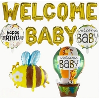 Set Baloane din Folie Metalizata, Flippy, Model Welcome Baby, Litere de 40 cm, Baloane Party, Ambalaj Individual, Pai, Ata si Adeziv Incluse, Umflare cu Aer sau Heliu, Auriu