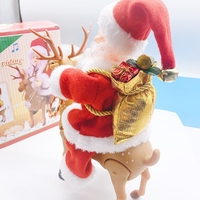 Decoratiune Mos Craciun, Flippy, Animat, care Canta si Danseaza, cu Saculet, pe Ren, Imbracat Festiv, 28x21x10 cm, Rosu