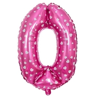 Balon din Folie Metalizata Flippy, Figurina Cifra, Imprimeu Inimi, Tema Aniversare 80 cm, Ambalaj Individual, Pai inclus, Umflare cu Aer sau Heliu, Roz, Cifra 0
