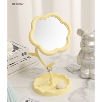 Oglindă de Machiaj pentru Birou, Flippy, Rotativă, Detasabilă, Model de Floarea Soarelui, Suport pentru Inele, cu Depozitare, Galbena