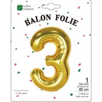 Balon din Folie Metalizata Flippy, Figurina Cifra, Tema Aniversare 80 cm, Ambalaj Individual, Pai inclus, Umflare cu Aer sau Heliu, Auriu, Cifra 3