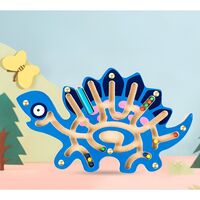 Joc Montessori cu Bile, Flippy, Creion Magnetic, Tip Labirint, din Lemn, Model Stegozaur, 25x15.5 cm, Albastru