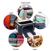 Cutie de Depozitare Pliabila, Flippy, Cu Fermoar, 66 L, Textil, 50 x 40 x 33 cm, Cadru Metalic, Suport Baza Stabil din Plastic, Imprimeu Buline, Albastru Marin