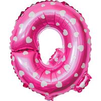 Balon Folie Metalizata Litera Q, Flippy, 40 cm, Cu Imprimeu Inimioare, Umflati cu Heliu sau Aer, Ambalaj Individual, Pai inclus, Roz