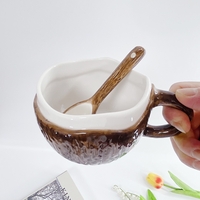 Cana din Ceramica, Flippy, 201-300 ml, cu Lingurita, Model Nuca de Cocos, Maro