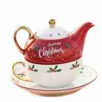 Set de Ceai, Flippy, Tema Craciun, Ceainic 420 ml, Cana 310 ml, Farfurie, din Portelan, Model Happy Christmas, Rosu