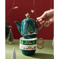 Set de Ceai, Flippy, Tema Craciun, Ceainic 450 ml, 2 x Cani 250 ml, din Ceramica, Model Brad, Verde/Turcoaz