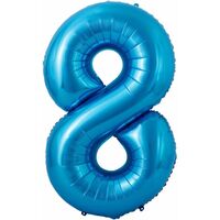 Balon din Folie Metalizata Flippy, Figurina Cifra si Coroana, Tema Aniversare 100 cm, Ambalaj Individual, Pai inclus, Umflare cu Aer sau Heliu, Albastru, Cifra 8