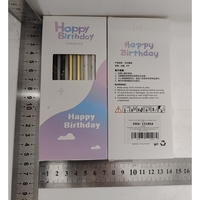 Set 6 Lumanari Lungi, Flippy, din Parafina, 10 x 0.5 cm, Happy Birthday, Alb/Negru/Auriu