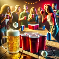 Joc de Baut BEER PONG, Flippy, Set din 12 Mingi de Tenis si 12 Pahare Reutilizabile, Joc Interactiv pentu Adulti, Albastru Rosu