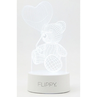 Lampa LED decorativa, Flippy, 3D, Ursulet cu balon inima, cu telecomanda, doua moduri de alimentare USB si baterii, 20 cm inaltime, din material acril si lumina multicolora, alb