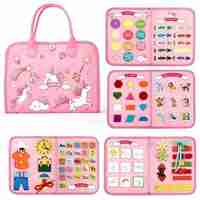 Carte Senzoriala Educativa Montessori, Flippy, Dezvoltare Abilitati Motorii, 5 Pagini, Model Unicorni, 28x22x7 cm, Roz