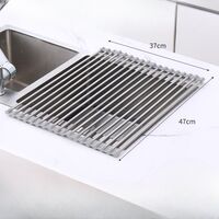 Covoras de Scurgere pentru Chiuveta Bucatarie, din Otel Inoxidabil, Suport Chiuveta, Pliabil, Antiderapant, Usor de Curatat si de Depozitat, 47x37cm, 18 Tuburi, Gri