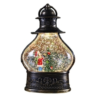 Decoratiune de Craciun tip Felinar, Flippy, Glob de Cristal cu Fulgi de Zapada, Model Elf, Ornamentat cu Luminite Interioare, 14.5 x 9 x 3 cm, Rama Neagra, Transparent